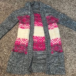 grey and pink cardigan